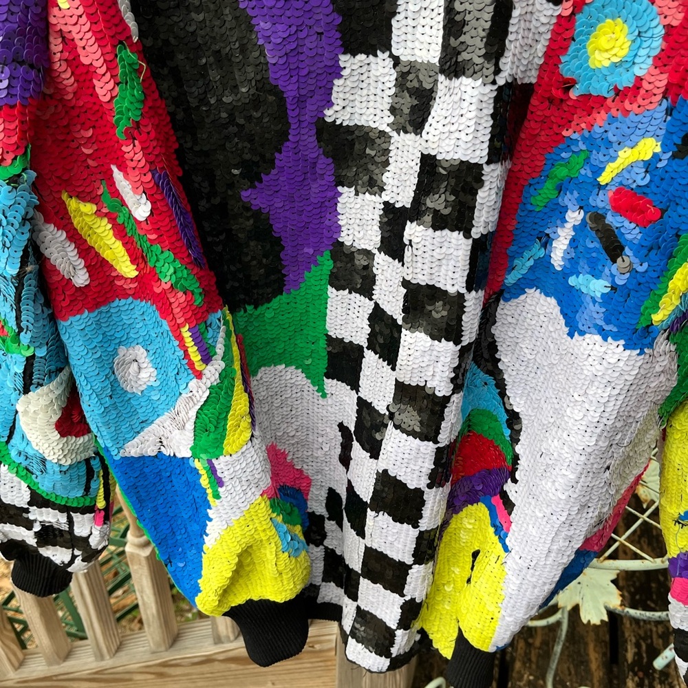 Sequin Bomber Jacket Sz S M Black Checkerboard Abstract Pop Art Vtg 80s Womans - Picture 3 of 5